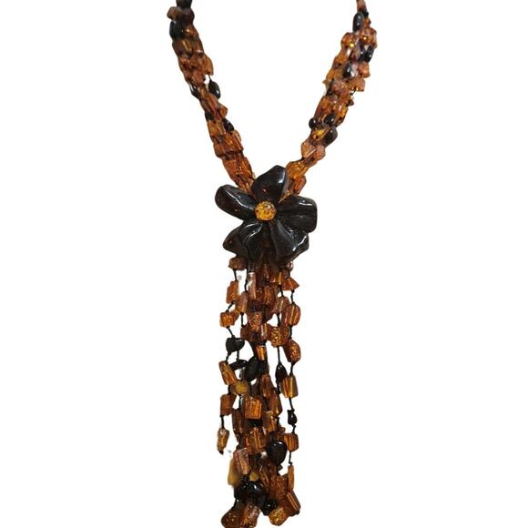Baltic Amber Flower Statement Necklace Huge Bead Four Strand Tassel Cognac Brown - Picture 3 of 7